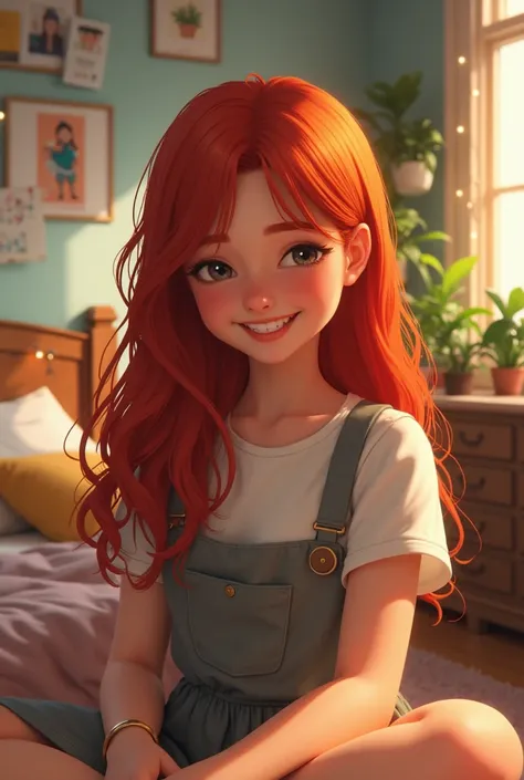 Realistic, teenage girl with red hair laughs while looking down, in a bedroom, daylight 