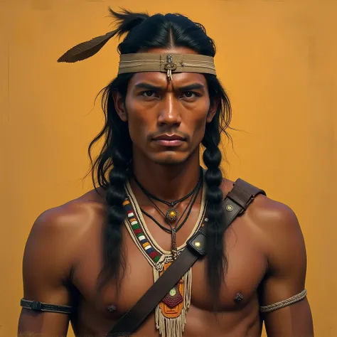 1920s Native American male warrior in his late 20s, with sharp, determined eyes and long, dark hair tied back with a simple leather strap. He wears traditional tribal attire, including a beaded chest piece and a leather band around his forehead, signifying...