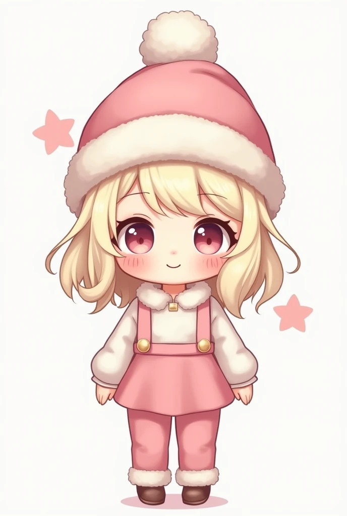   Face kawaii supreme chibi phase , hair platinum blonde dream core waves,Head Kawaii Christmas hat Rosa Santa Rosa,cute blouse ,  preppy pink winter skin skirt , cutecore pants , white skin , centada 