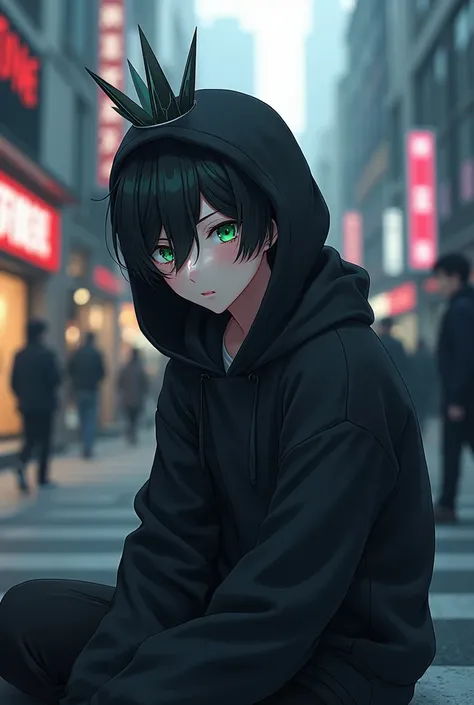 Anime boy with black Hoodie use crown With green eye in street city and sit
 