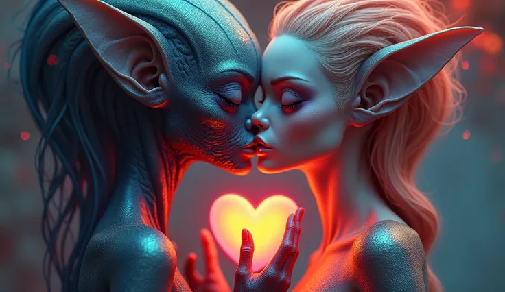 a beautiful alien/human in love, holding a heart in her hand, vivid colors 