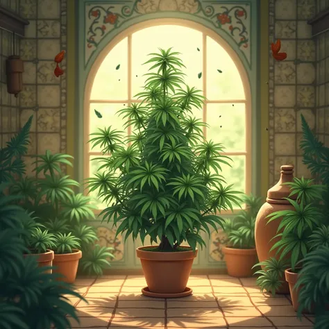 Room with marijuana plant, studio ghibli style, no humans just room