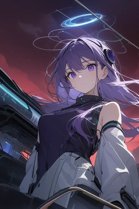 Solo, upper body, looking down at wires, repairing futuristic vehicle, hair blowing in wind, on moving futuristic train cart, outdoors, gloves, Girl with purple eyes, purple hair, long hair, swept, bangs, hopding wires, thin, small breasts, green tinted go...