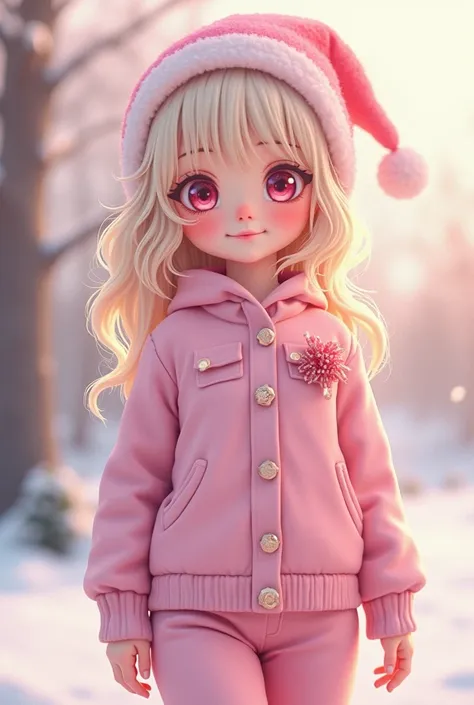   Face kawaii supreme chibi phase , hair platinum blonde dream core waves, head kawaii Christmas hat Rosa Santa Rosa,cute blouse ,  preppy pink winter skin skirt , cutecore pants , white skin , centada, teenager