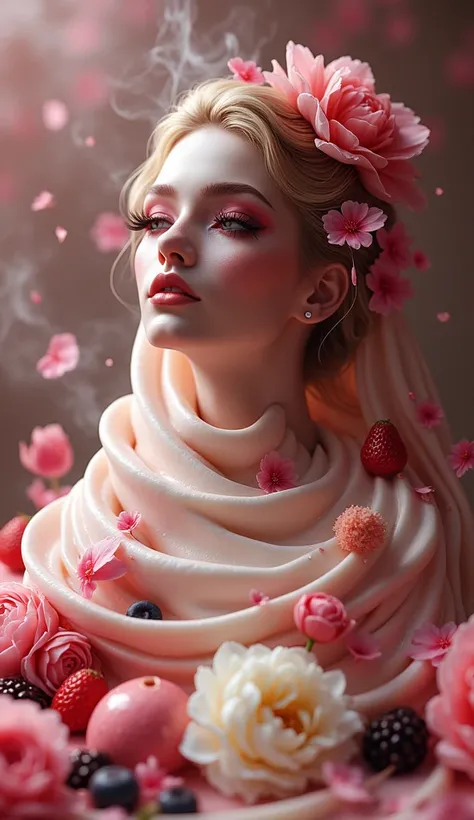  create a delicious ice cream effect ，Flowing like a waterfall  ，, A waterfall of cigarette smoke and a delicious ice cream effect in the shape of a beautiful human avatar，Exquisite妆容，Is it possible  ， Exquisite，Elegant， Classy， wrapped in delicious flower...