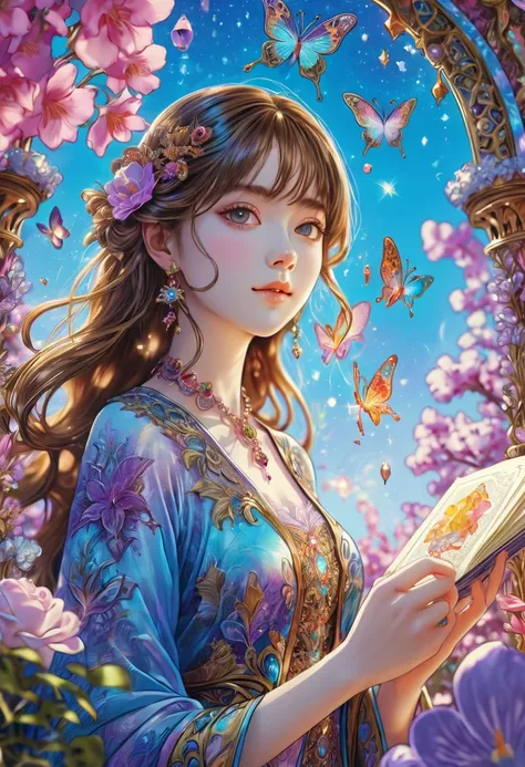  tarot cards,  beautiful, a girl reading  tarot cards,Smiling girl, beautiful細部, detailed lips , tarot cards,Ancient Tarot Decks,illustrated  tarot cards, bright color, mystical atmosphere,Magic Garden,flower bloom,Light,Clear Blue Sky ,soft glow, artistic...