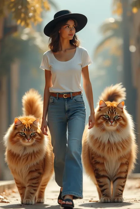 A woman in a white T-shirt and jeans wearing a black round hat is walking with a very large Persian cat of orange color on the right and a very large cat of Persian type wandering female of white yellow black color on the left