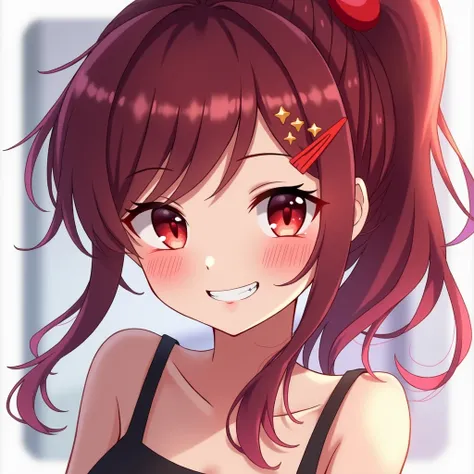  high definition ,  high definition model,  High Quality ,  Ultra High Definition,  side ponytail,  red eyes, Grin,  simple background,  glitter effect, anime,  Background Blur , 