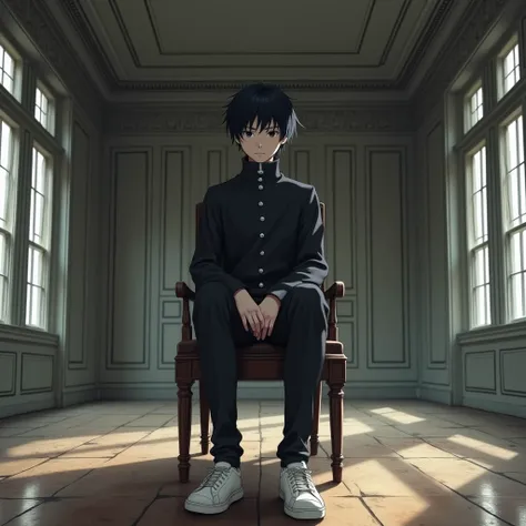 10 Feet Tall anime boy black hair anime boy, Closed mouth, serious, kuudere,  misaki mei man, delgado, black Gakuran Buttoned up uniform collar, Long legs, white sneakers,2D default standing, hands to the sides, sitting on a chair in the middle of a Big op...