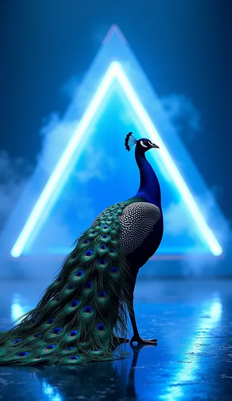 A resplendent peacock standing proudly on the America’s Got Talent stage, its vibrant tail feathers fanned out, catching the vivid blue lighting that creates an enchanting, iridescent effect. The peacock’s piercing gaze reflects the ambient glow, adding to...