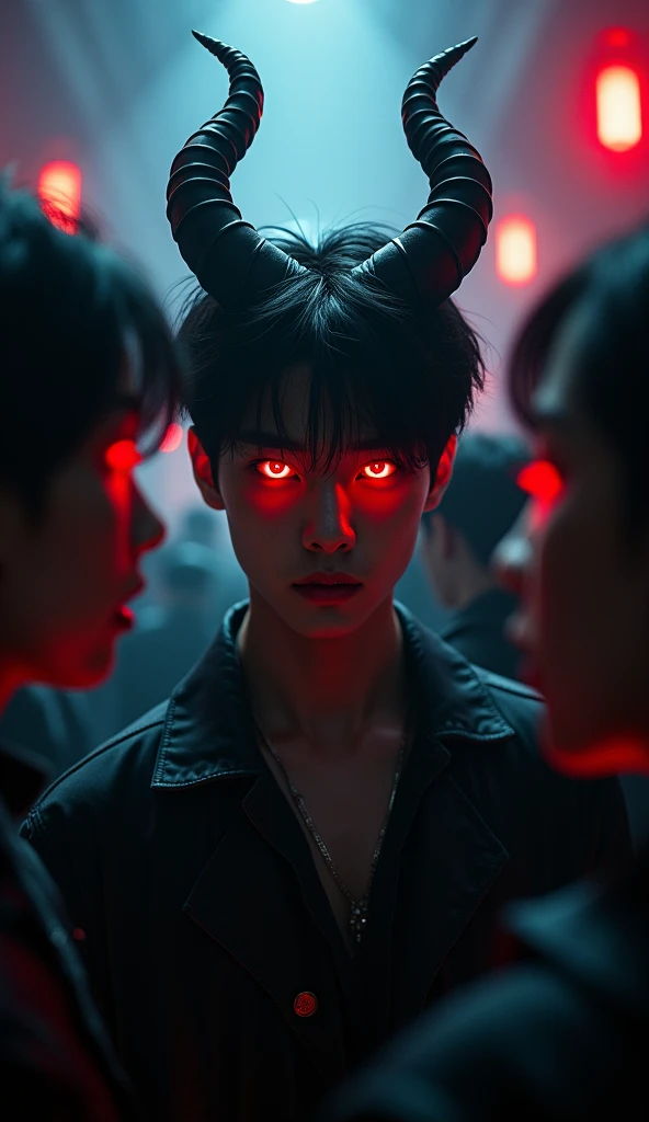 Jungkook from BTS inspiration with Lucifer-like red eyes, banda do BTs, jungkook jeon, mulher de costas para ele sem mostrar o rosto.  Better lighting and 4k quality