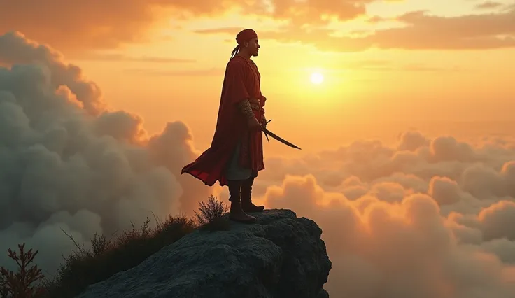 A brave Malay man stands majestically on a mountain peak, dressed in traditional warrior attire complete with a tanjak and a keris tucked into his waist. The golden twilight sky forms the backdrop, with clouds slowly marching around him. His gaze is firm a...