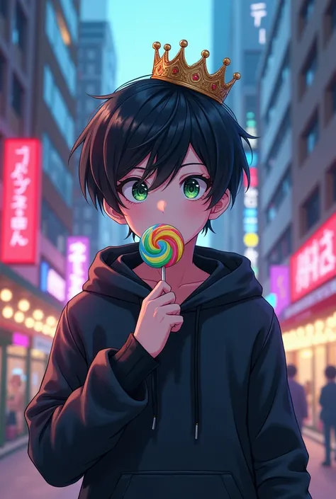 Anime boy with black Hoodie with black hair use crown With green eye in street city eat lolipop
 