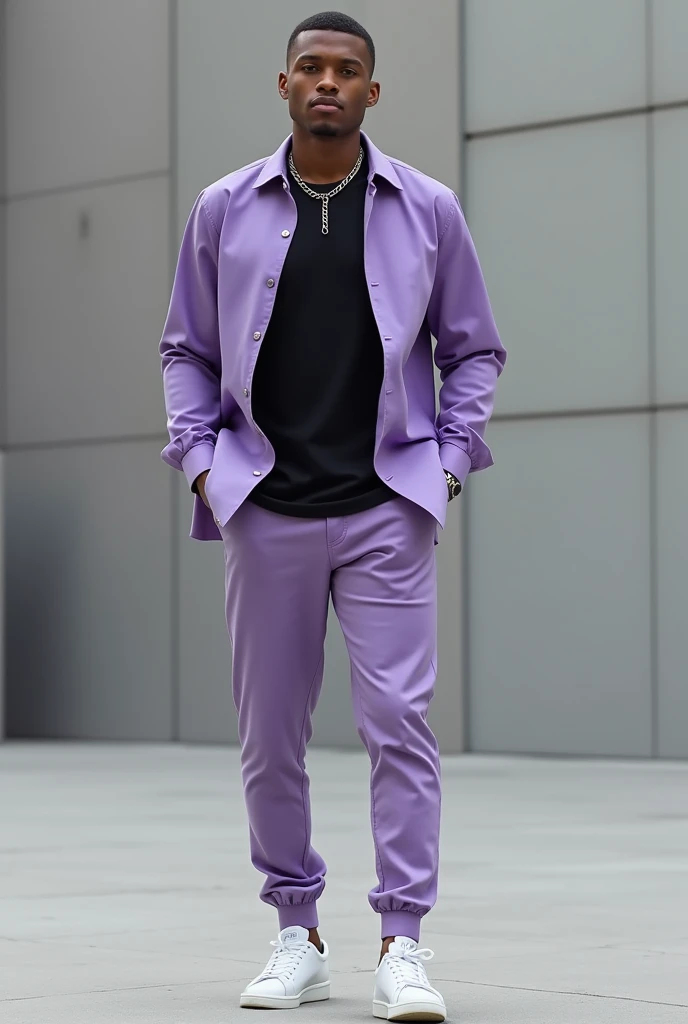 " A man wearing a purple long-sleeve dress shirt,  superimposed on a basic black shirt . He also wears lilac pants and white sneakers and thick silver cord..  The man has a modern and relaxed look ,  with short hair and a confident appearance . The setting...