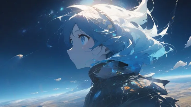 miku with blue long hair,Look at the Earth, it&#39;s a distorted world　From the side,blue sky, looking up at the sky