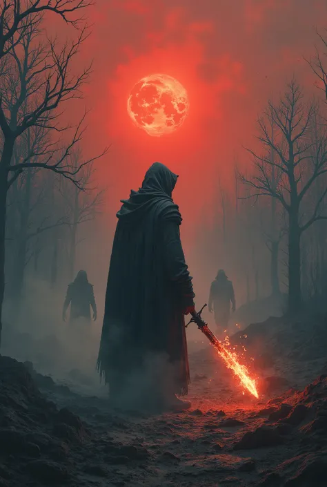 A shadowy, ethereal fantasy landscape under a crimson-tinged sky where ash falls gently. A barren, cracked earth spreads out, leading to a desolate forest with skeletal trees. In the foreground, a lone hooded figure stands with a burning sword, their tatte...