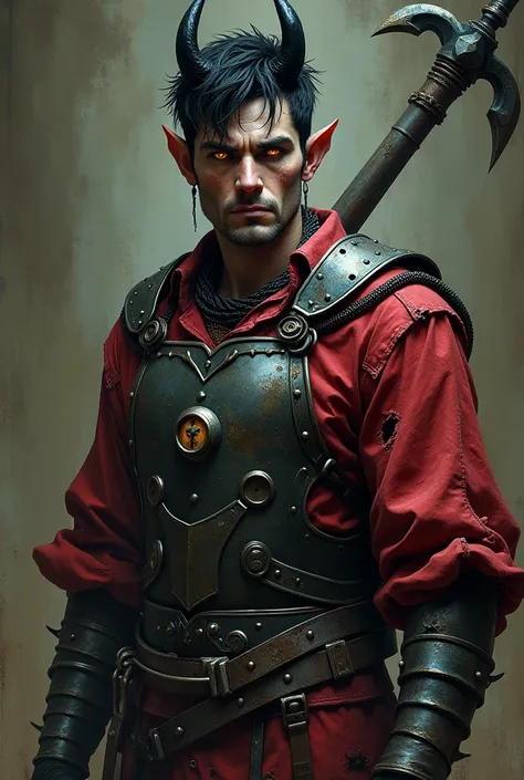 Middle aged androgynous female. tiefling. Short black grunge shag hair cut. Haunting yellow eyes and two large black devil horns. Red long sleeved shirt with rips. Chain mail. Studded armour chest plate and a halberd.