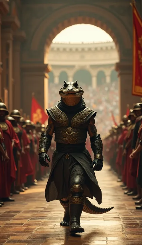 cinematic video of a dashing Ninja Crocodile dressed as a ninja to become a prisoner and being led down the hall to the Gladiator arena, many spectators cheered, inspired by the film Gladiator