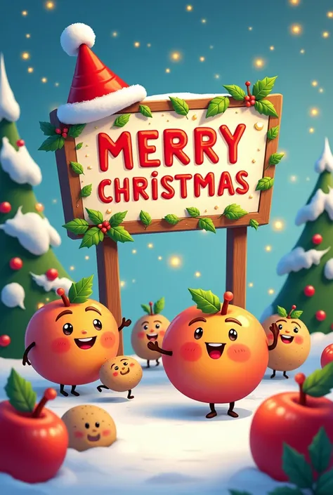 Agronorte sign wishes you a merry Christmas with lively fruits and vegetables at Christmas 
Add more lively fruits, peaches and potatoes