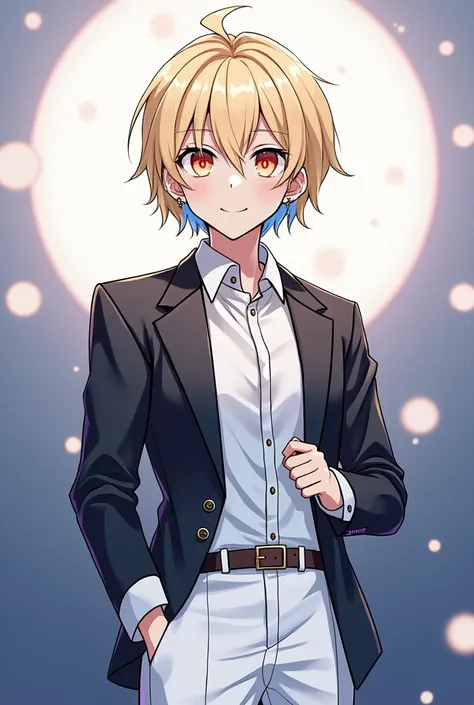 blonde hair, short hair, orange eyes, black and white clothes, white pants, cross earrings and pretty, anime and man sticking his penis inside the character a character with blue skin, Blue Eyes, with , short hair, beautiful,