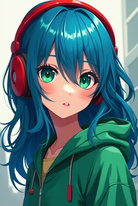 Blue long hair,green eye,red headphone,green jacket,girl,anime