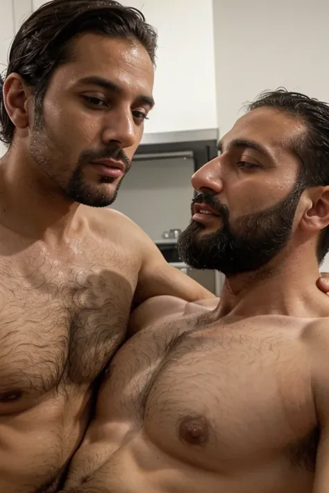  2 men 1 man Middle Eastern man ，40 years old， 1 man Frenchman ，35 years old，Coarse-grained ，beard，肌肉男，gay, sucks his chest with his tongue