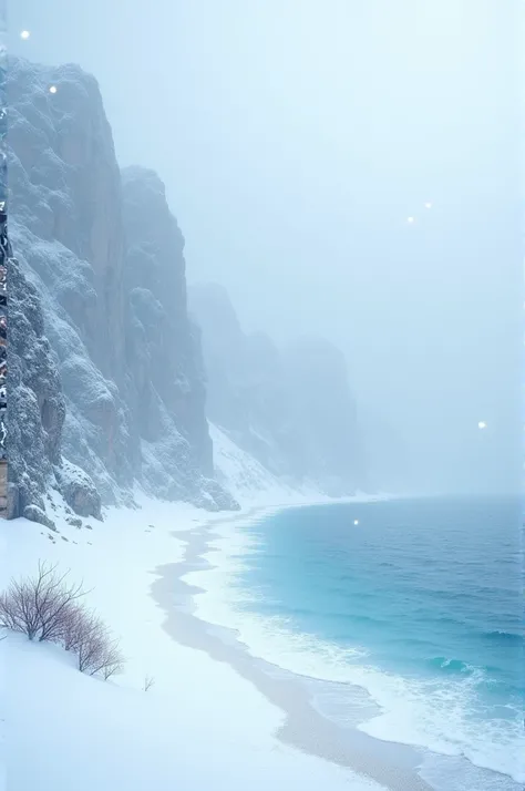 Blue beach with snow falling in winter