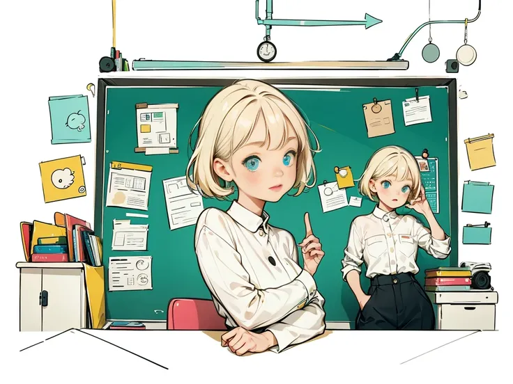  1 girl in a white shirt and short brown hair,pants, permanent, In the classroom ,Intellectuals, Smile, Simple background ，Huge blackboard ，The girl is not the subject