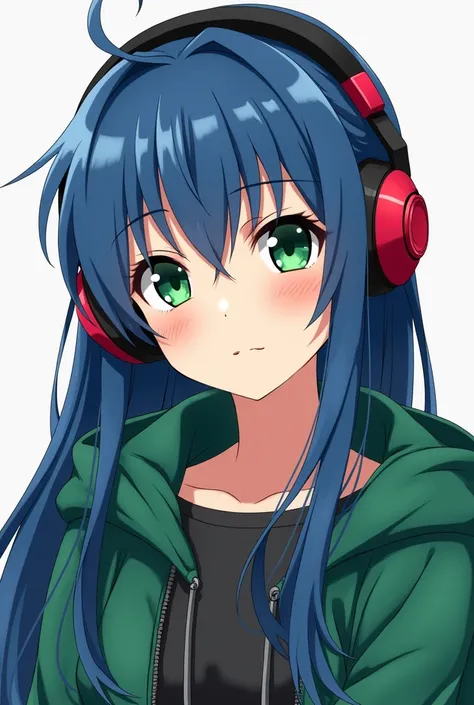 Blue long hair,green eye,red black headphone,green jacket,girl,anime