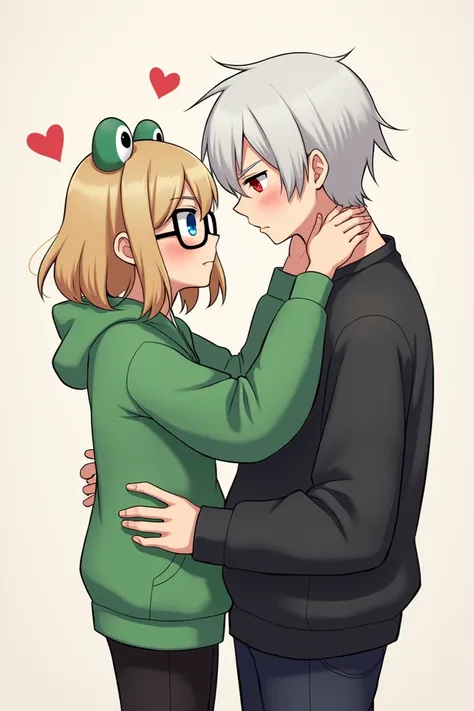 girl, medium champagne hair, chin length, blue eyes, square glasses, green sweatshirt with frog eyes on hood, black pants, heart eyes; man, short white hair, red eyes, black sweatshirt + pose: having sex + art style: cute, anime, bold lines