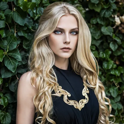  goddess of Olympus wearing a black dress , powerful aura,  long blond hair that falls in waves
 And hazelnut eyes, immaculate white porcelain skin ,  open eyes , powerful aura, serious and sexy look 
Serious, 