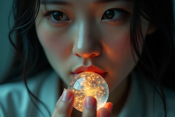 close up on a woman swallowing a small crystal sphere, the size of a plum, has some translucency and are of different colors and intensity.  has a feeling of power radiating within.  You cannot see the full face of the woman, only the lower part.  She is o...