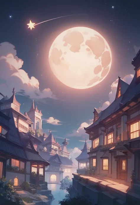  Beautiful Scenery 、night、 full moon、 shooting stars、building、 monsters