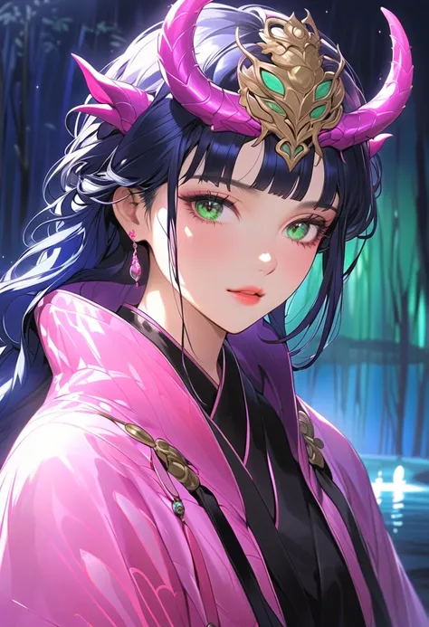 This character is a woman with a mystical aura, beautiful and mature. Her long, bright dark blue hair was shiny with bangs. combined with sharp shining green eyes, her lips are pink, she has bright blue dragon horns on her head, wearing a simple black dres...