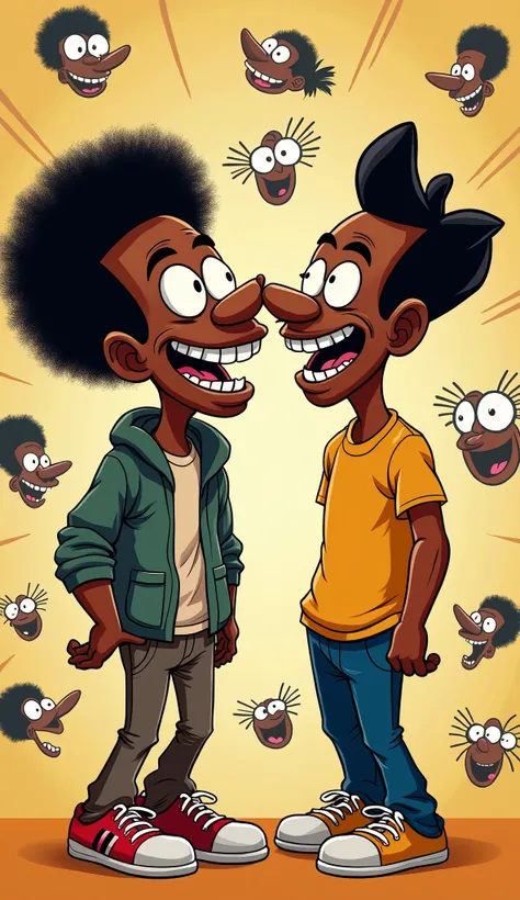 Black slim guy with funny face and high faded afro hair, average eye brow, many upper front teeth, funny gifs background, interchangeably laughs and frowns along with his another black skinny friend with big eyes and funny face but not similar they are inf...