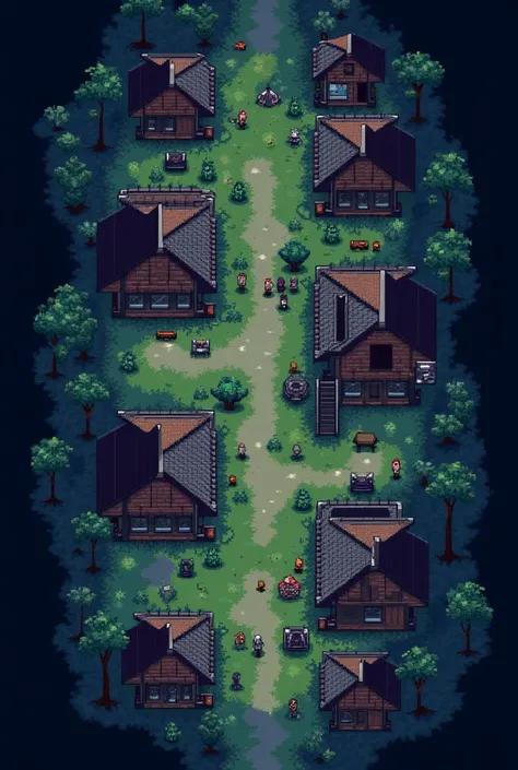 In pixel art ,  create terrifying scenarios , of complete villages ,  seen in satellite view ,  completely from above with different buildings and objectives around them 
