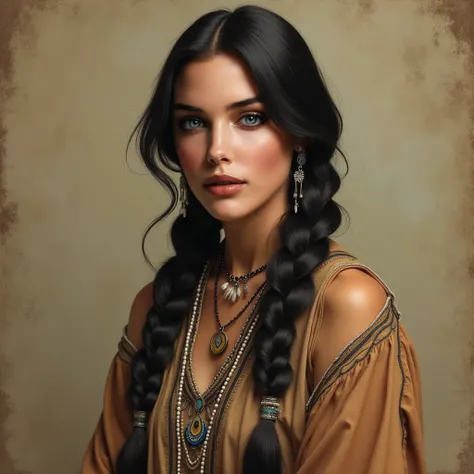 1920s Native American woman in her early 40s, with striking, timeless beauty and an air of wisdom. She has long, glossy black hair loosely braided over one shoulder, adorned with small, delicate beads and feathers. Her features are elegant, with high cheek...