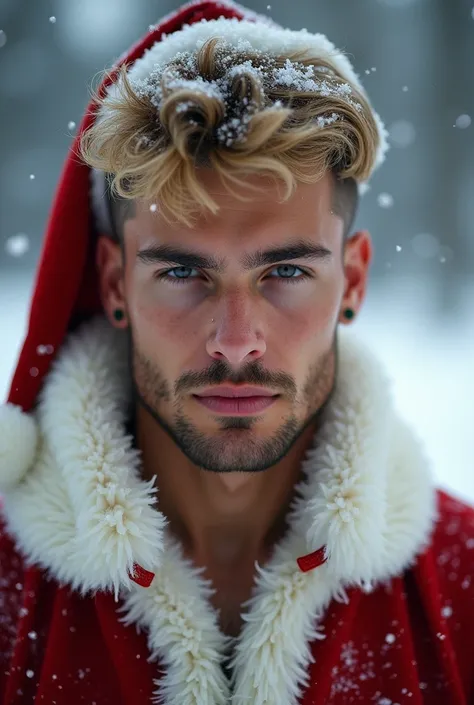 Young santa claus, blonde hair, haircute, hairy black chest, half hard body, ruggedly handsome, muscular, half body, masculine, mature, Retrato de un joven, Muscular very handsome and attractive arabic nude men, A 20 years old male, Retrato de un joven, re...