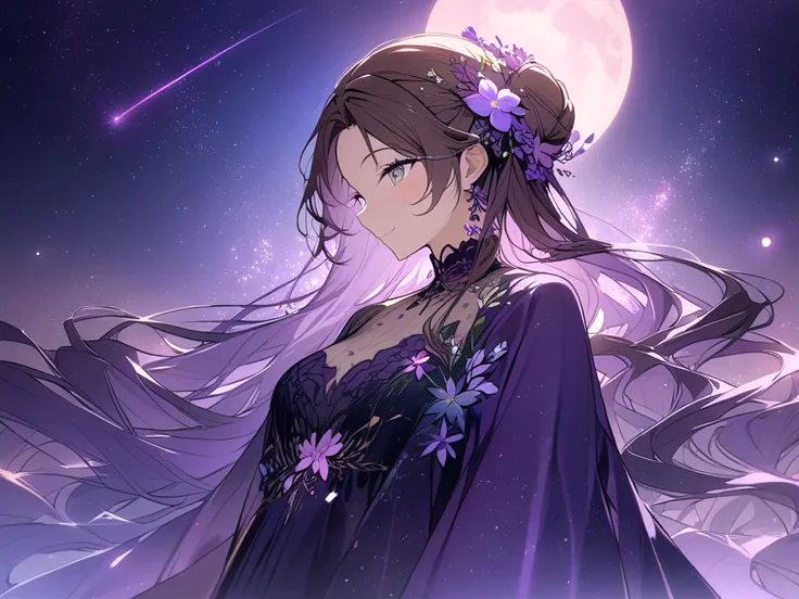  no one　　 one beautiful woman 　The area around is playing a flower decoration 。 I have long hair　Brown Hairstyle 　Hairstyle bun　, masterpiece,  High Quality  、   , 最  High Quality  ,,  smile,   pink　green　  lots of purple stars and auroras  　night　　  I can...