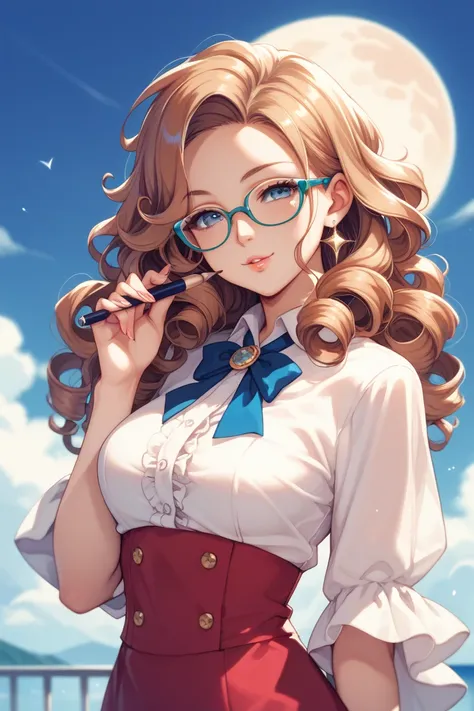 Glasses,Long curly hair, BEAUTIFUL WOMAN、Innocent、Moon and Sun、 healing instructor holding a pen in his hand、 clothes that are less revealing,手にはペンを持っている