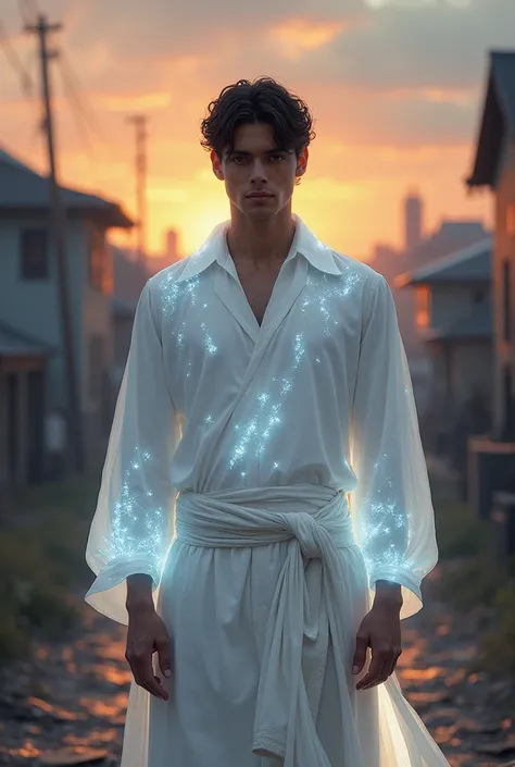 

** Summary description for the image :**

Draw to **Santiago nasar**  standing on a desolate path , WITH **white clothes**  that shines in the evening light .  His face is serene , almost ethereal. In the background, the ** houses in the town **  are blu...