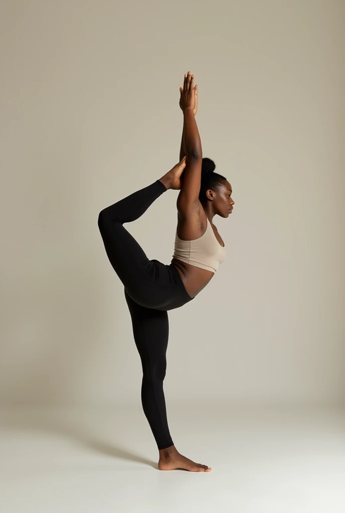 Generate an image of an ebony black woman doing yoga. Depict her in this position; Her left leg is bent at the knee and crossed over her extended right leg, with her left foot placed flat on the ground. Her right leg is extended straight behind her, with t...