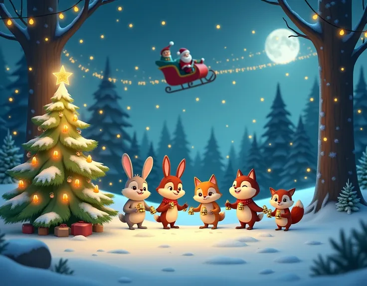 Scene 1: A Magical Snowy Evening

Context:
The video opens on a bright, snowy landscape under a starry night sky. Santa’s sleigh flies across the moon, leaving behind sparkling stardust trails. On the ground, friendly forest animals (a rabbit, an owl, and ...