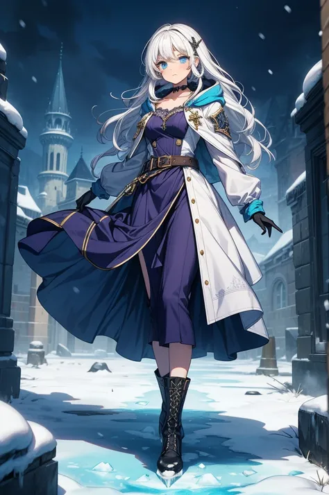 ((masterpiece, best quality:1.3, high detail)), beautiful serious woman looking at viewer, long wavy hair, (white hair), hairpin, bright blue eyes, dark blue, (white blouse long sleeves), coat, (((long blue skirt))), belt, gloves, boots, collarbone, ((atmo...