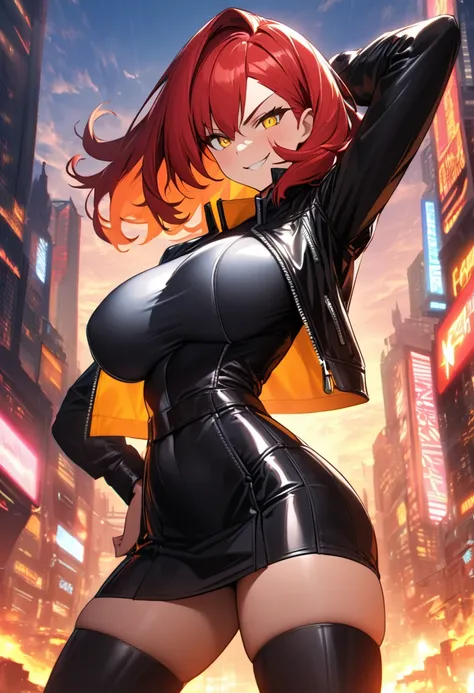 A confident and poised young woman with short, fiery red hair styled in a sleek bob, complemented by intense golden-yellow eyes. She wears a stylish yet daring outfit consisting of a cropped leather jacket, a tight, high-waisted skirt, and knee-high boots ...