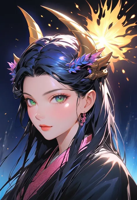 This character is a woman with a mystical aura, beautiful and mature. Her long, bright dark blue hair is shiny with bangs (French bang pono style). combined with sharp shining green eyes, her lips are pink, she has bright blue dragon horns on her head, wea...