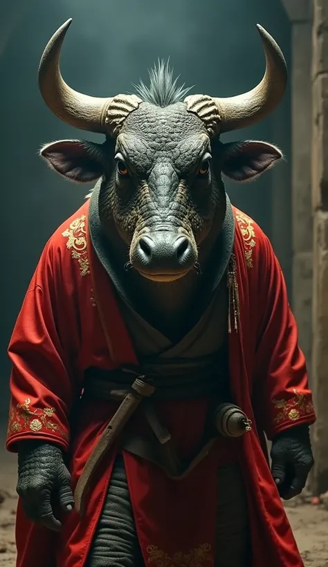 Cinematic video of a dashing ninja crocodile dressed as a ninja who becomes a prisoner in prison and is picked up by a buffalo dressed in traditional Padang red clothes, inspired by the film Gladiator