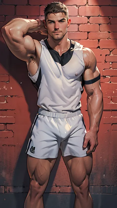 8k, high quality , detailed face , detailed hands , detailed muscles , stephen amell standing indecent, posing in a gym hall  ,standing with spread legs, showing his muscles, background brick wall with porn movies posters