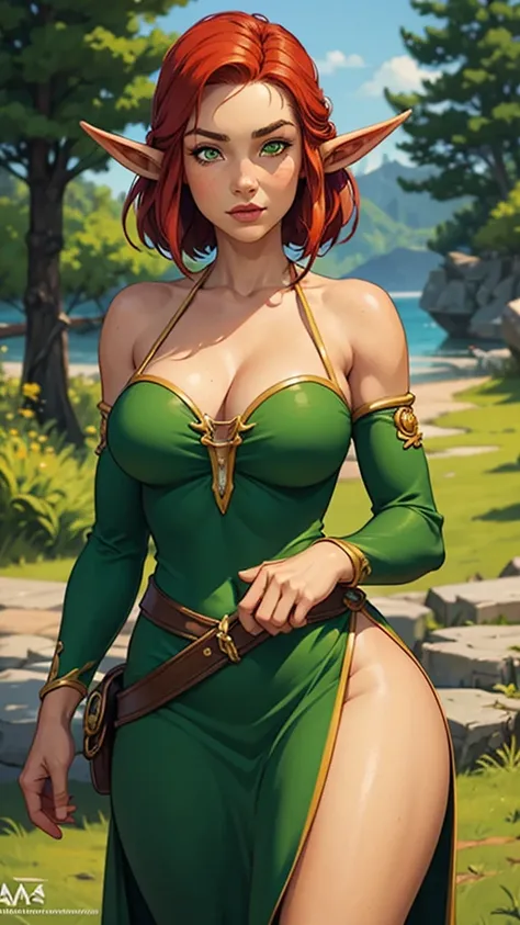  A close up of a red-haired woman wearing a green dress, Amouranto, better known as Amouranto, young beautiful Amouranto, Amouranto as a super villain, Triss Merigold Cosplay,  cleavage, ornate cosplay, she is nonsense, as a medieval fantasy character, Bea...