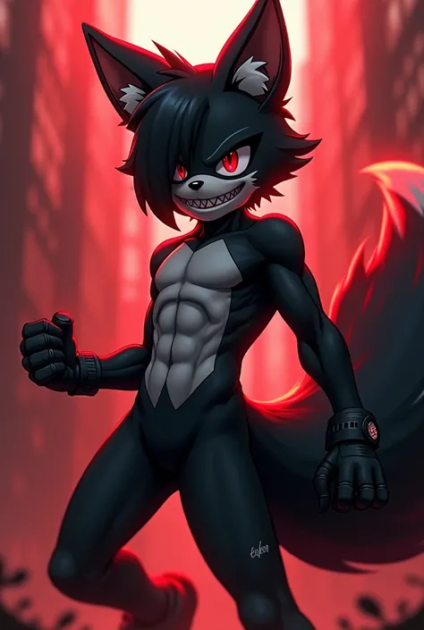 Alone,1 boy(( red sclera :1.3),( White eyes:1.3),Tails,Tails(Sonic Prime ),Black Fox, muzzle,  anthropomorphic, furry, thighs, fingerless gloves, shorts, jacket, ( hair over one eye:1.3), (taken:1.4),  sharp teeth,(Language:1.3),( full body),(:0.8),detaile...